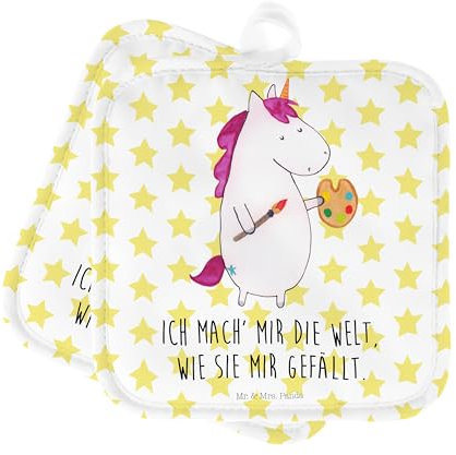 Mr. & Mrs. Panda 2er Set Topflappen Einhorn Künstler - Geschenk, Ofenhandschuh, Stift, Englisch, Topfuntersetzer, Schöne Topflappen, Topflappen Set,