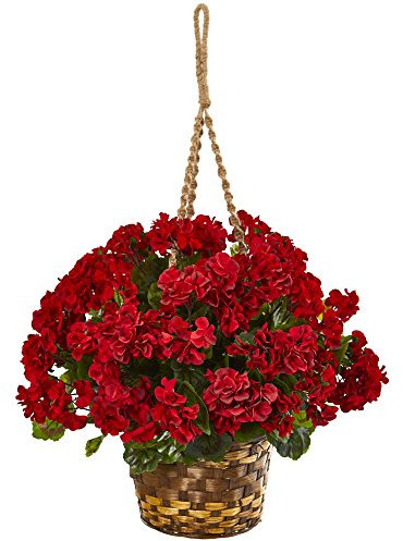 Nearly Natural Geranien-Hängekorb-Pflanze (Indoor/Outdoor), 48,3 cm, Rot