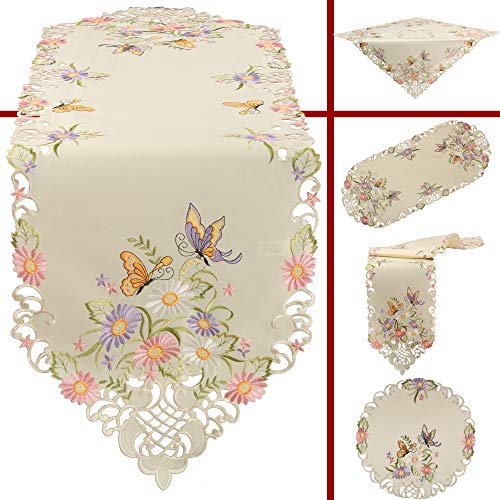 Quinnyshop Bunte Blumen Schmetterling Stickerei Tischläufer 40 x 140 cm Polyester, Ecru/Creme