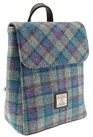Glen Appin Echter Schottischer Harris Tweed Rucksack Tummel in mehrfarbigem Schottenkaro, Blau/Violett kariert auf Grau – Col98, One size