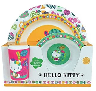 FUN HOUSE 005988 HELLO KITTY Ensemble repas composé d’une assiette plate Ø 22 cm, d’une assiette creuse ou bol Ø 16 cm et d’un verre 220 ml pour enfant, Rose