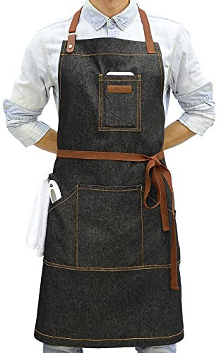 DingSay Trendy Denim Kitchen Apron with Pockets, Mens Womens Professional Chef Bib Apron for Cooking Grill BBQ Server, Black Denim 9#, 27W x 34L