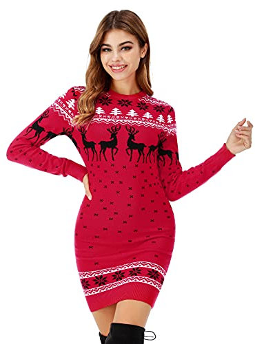 Irevial Vestito Maglione Lungo Donna Invernale Abito in Maglia Pullover per Natale a Maniche Lunghe Lavorato Girocollo Carine di Capodanno con Albero di Natale, Rosso, XXL