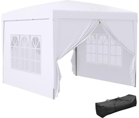 Outsunny Pavillon ca. 3x3m Wasserdicht, Faltpavillon mit UV-Schutz, Fenster, Festzelt mit 4 Seitenwänden, Gartenzelt inkl. Tragetasche, für Garten, Terrasse, Festival, Weiß