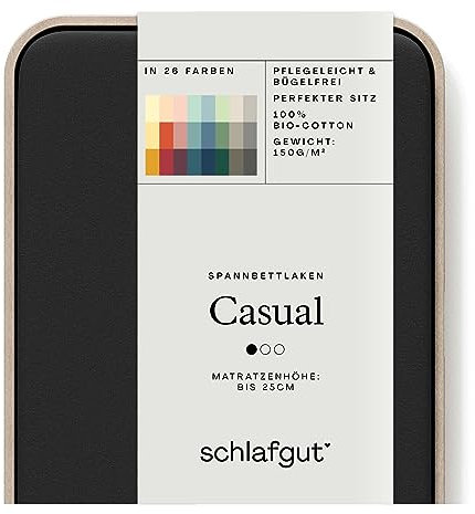 Schlafgut Casual Spannbettlaken 90x190cm bis 100x200cm - 100% Biobaumwolle, Oeko-TEX Zertifiziert, Off-Black, Matratzenhöhe bis 25cm