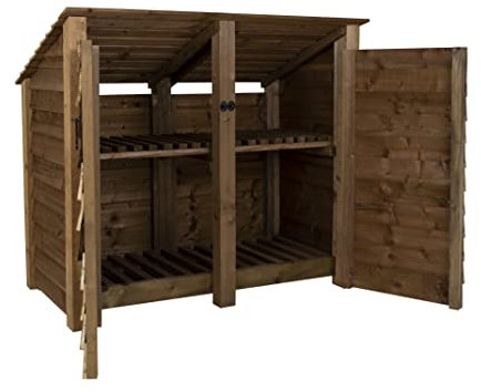 Wooden Log Store 4Ft With Doors (W-146cm, H-126cm, D-88cm), brown finish (With kindling shelf (reverse roof))