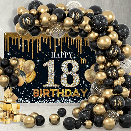18. Geburtstag Dekoration Jungen Banner, Extra Große 18. Geburtstag Schwarz Gold Banner Poster und Schwarz Gold luftballons Konfetti Luftballons, 18 Geburtstag Jungen Mädchen Geburtstagsdeko Partydeko