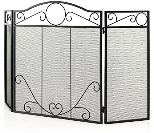 GiantexUK 3-Panel Folding Fire Guard, Metal Mesh Fireplace Screen, Heavy Duty Freestanding Spark Guard Safety Barrier for Child Baby Pet Open Fire (Scrollwork Pattern, 127 x 73cm)