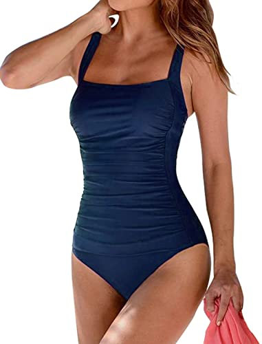 Muwodkdn Maillot de Bain Femme 1 Pièce Monokini Vintage Push-Up, Contrôle du Ventre, Bretelles Réglables, Style Sexy et Élégant pour Plage et Natation Bleu Marine M