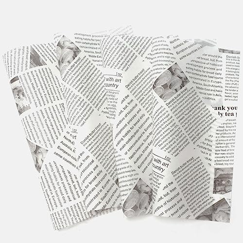 MIZAZBOX 100PCS Oil Proof Papers,10 x 10 Inch Greaseproof Paper, Old Newspaper Printing Style Wax Paper for Bread Sandwich Burger Fries Food Gift Wrapping Baking Outdoor Picnic (White Color-25X25CM)