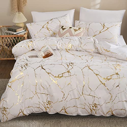 Xisnuient Microfiber Duvet Cover Single Double King Size, 3D Lips Marble Geometric Print White Gold Blue Comfort Bedding Set 2/3 Piece Zipper Duvet Cover and Pillowcase (Pattern 2,200x200 cm)