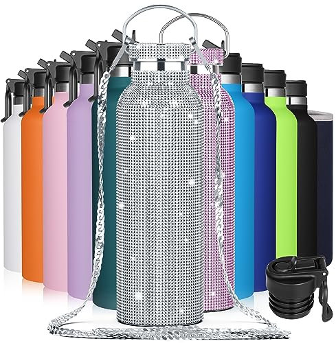 GeeRic Bling Bouteille d'eau Strass, Bouteille d'eau en Acier Inoxydable avec Couvercle en Paille Bonus, Bouteille Isotherme avec Chaîne Bling Bouteille à Paillettes pour Filles Femmes (750ml Argent)