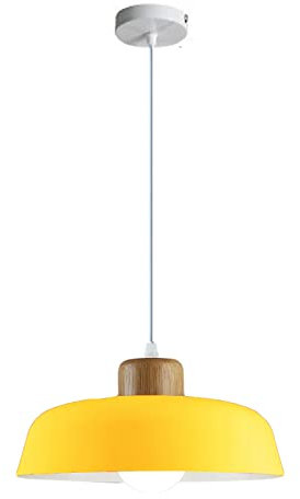 EKSED 300 mm runde Pendelleuchte mit Metallschirm in Macaron-Farbe, moderne, schlichte Holzoptik, E27-Loft-Bar-Decken-Hängelampe, Kücheninsel-Esszimmer-Kronleuchter (Gelb)