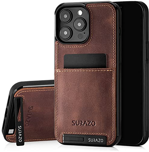 SURAZO Echtleder Back Case für Apple iPhone 15 Pro Hülle – Stoßfestes Leder Handyhülle Cover mit [ Kartenfach, Standfunktion, Schlüsselanhänger ] Vintage Slim Bumper Schutzhülle (Nussbraun)