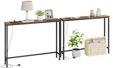 VERMESS 200 * 80 * 15cm Console Table with Charging Station, Height-Adjustable Slim Behind Sofa Table, Long Behind Couch Table with USB Ports, for Hallway, Living Room and Office, Rustic Brown