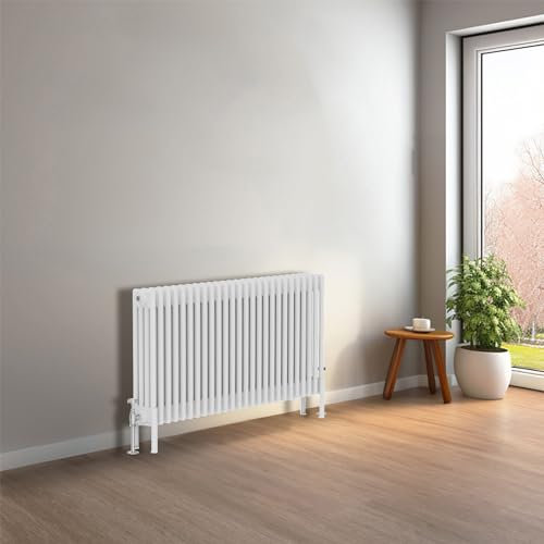 NRG Cast Iron Radiator Four Column 600x1190mm Gloss White Traditional Column Cast Iron Style Radiator Central Heating Radiator Perfect for Bathrooms, Kitchen, Living Room