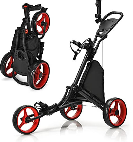 GYMAX 3 Wheels Golf Push Pull Cart, Lightweight Height Adjustable Golf Trolley with Storage Bag, Foot Brake, Umbrella Holder and Built-in Cooler, Foldable Golf Bag Holder (Red)
