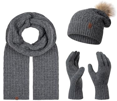 Rock Creek Winter Mütze mit Bommel Schal Set Geschenkset Wintermütze Winterschal Winterhandschuhe Herrenmütze Damenmütze U-102 Dunkelgrau Einheitsgröße