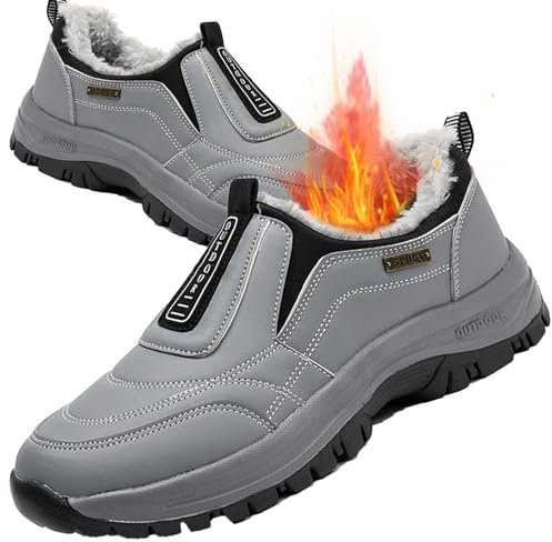 Aocase Zapatillas Hombre Invierno Cálidas Impermeable Cuero PU Deportivas Casual sin Cordones Zapatos para Correr Ligero Calzado Sneakers Comodos Calzado Ligero,Gris,43/265mm