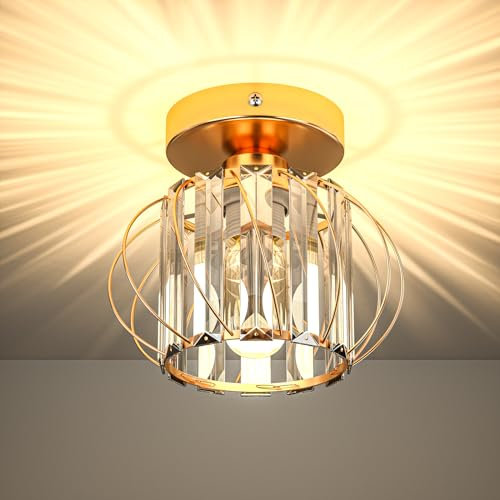 BrightArk Crystal Gold Ceiling Light,E27 Semi Flush Mount Ceiling Light Fitting Modern Crystal Light Shade for Home,Fixtures Chandelier,Living Room,Bedroom,Hallway,Office & Kitchen Bar