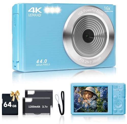 SMARTKLIK Fotocamera digitale per adolescenti, fotocamera digitale FHD 4K 44MP autofocus con scheda SD da 64 GB zoom 16X, fotocamere per fotografia fotocamera compatta per adolescenti e ragazze per