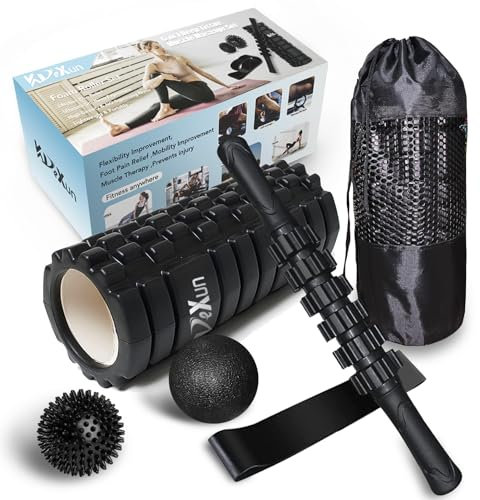 KVDeXun 6 in1 Foam Roller Set, Trigger Point FoamRoller, Yoga Stick, Massage Ball, Fixation BallFitness,Stretching Strap, Carrying Bag, Deep Tissue Muscle Massage Trigger Point Muscles Therapy
