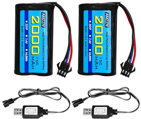 AMZZN 2x7,4 V 2000mAh 15C 2S SM-3P fiche Lipo Batterie avec Chargeur USB pour DE43 DE60 9500E RC Voiture, modèles Voitures, camions, Huina 1575 RC Auto ingénierie, RC Batteries pour Voiture Jouet