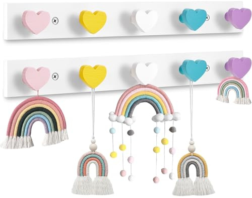 Maitys Lot de 2 crochets muraux arc-en-ciel en bois pour garçons et filles - Crochets mignons pour vêtements, chapeaux, sacs à dos, serviettes, crochets colorés pour chambre à coucher, salle de bain