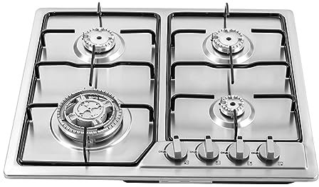 Konfiur 4-Flammen-Gaskocher, Edelstahl Gasherd, Einbaukochfeld mit 4 Düsene, Erdgas & Propangas Gaskochfeld für Haushalten Oder Restaurants Camping, 58 * 50cm Silber