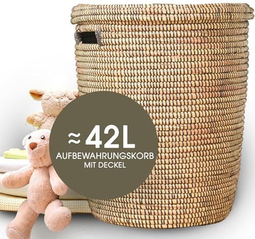 YAADU Aufbewahrungskorb mit Deckel 42L – Wäschekorb geflochten, Korb mit Deckel, Wäschesammler, Korb für Kinderzimmer. Afrikanischer Korb, Korb mit Henkel, Modell Jabari (Schwarz)