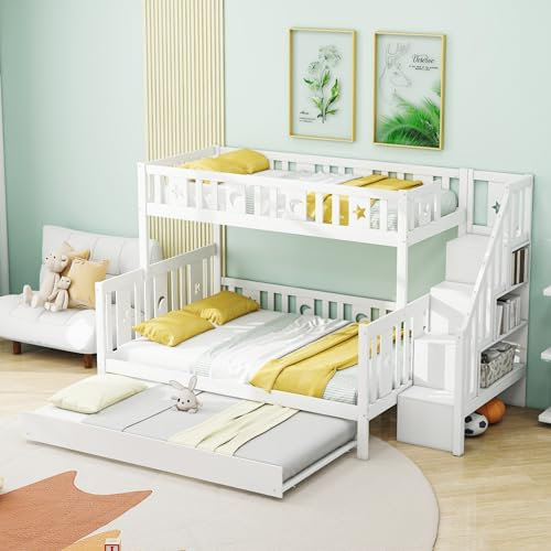 YESGIGA 90x200/140x200cm, Etagenbett aus Massivholz mit Sicherheitstreppe, Rollbett und Lattenrost (mit Rollbett A)