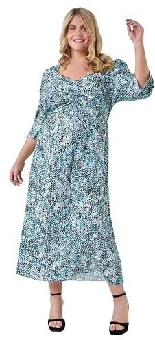 Roman Originals Tea Dress for Women UK Ladies Skater Swing Fit & Flare Flattering Summer Knee Length Frill Hem Ruched Chest Casual Smart Cocktail Party Going Out - Teal Plus - Size 18