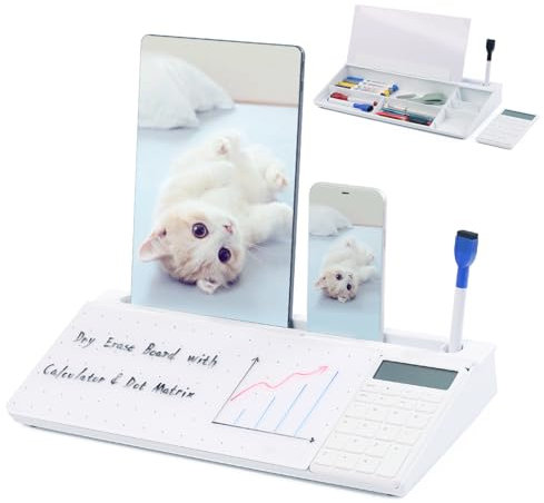 DEWUR Tableau Blanc en Verre pour Bureau - Support pour Téléphone Portable, Tablette et Clavier - Organiseur de Bureau avec Accessoires pour la Maison