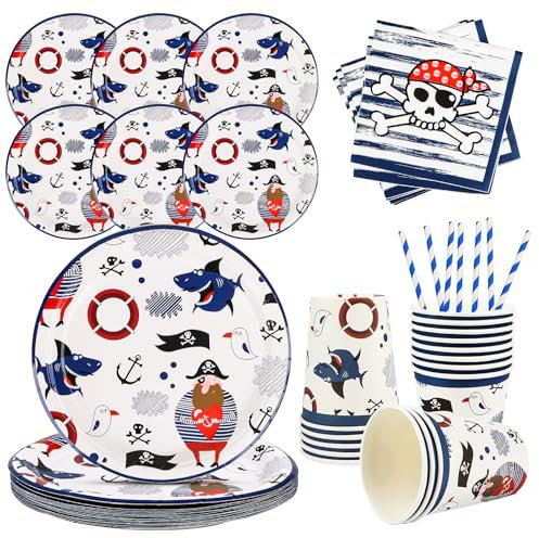 Pirate Décoration Anniversaire,64Pcs Vaisselle de Fête Pirate Vaisselle Thème Pirate,Vaisselles Anniversaire avec Assiettes, Tasses, Serviettes, Assiette Anniversaire pour 16 Invités