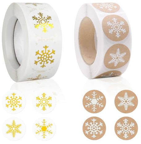YunBey Weihnachtsaufkleber 2 Rolle 1000 Schneeflocken Aufkleber Goldfolie und Kraftpapier Rund Geschenkaufkleber Weihnachten Selbstklebende für Weihnachtsgeschenkbox Dekoration