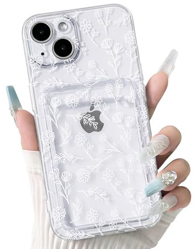 NITITOP Compatible with iPhone 13 Mini Case Clear with Card Holder Cute Flower Floral Leave Pattern for Women Girl Soft TPU Shock-absorbing Wallet Case Protective Phone Cover - White