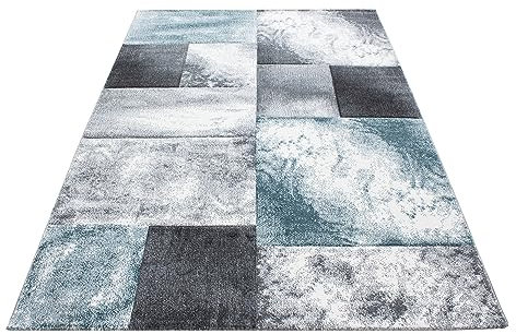 Stilvoll Günstig by ELMM Kurzflor-Teppich für Wohnzimmer in Blau 80 x 150 cm rechteckig im Karierten Design