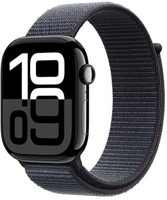 Apple Watch Series 10 (GPS 46 mm) Smartwatch mit Aluminiumgehäuse in Diamantschwarz und Sport Loop in Tinte (One Size). Fitnesstracker, EKG App, Always-On Retina Display, CO₂ neutral