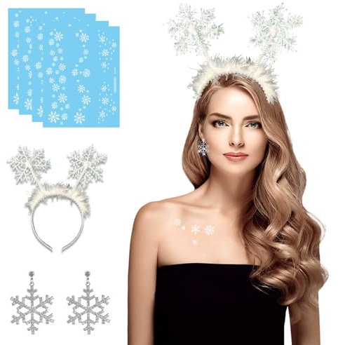 Generisch Axvxby Schneeflocken-Kostüme Damen - Schneeflocken-Stirnbänder, Ohrringe, Tattoos, Accessoires für Weihnachten, Karneval, Maskerade