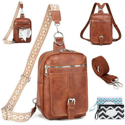 Travistar Brusttasche Sling Bag Damen Herren 2 in 1 Rucksack Damen Wickeltasche mit 2 Abnehmbare Schultergurte und Feuchttuch-Tasche, PU Leder Umhängetasche Schultertasche Crossbody Bag Damen Braun