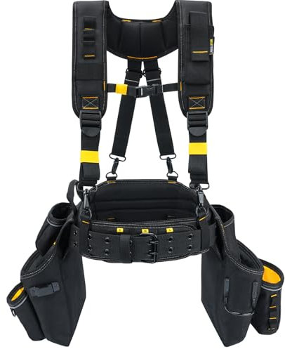 MELOTOUGH Carpenters Tool Belt with Suspenders Professional Tool Belt Combo Organizer With Tool Pouch Suspenders with 32 Pockets and Loops fits 33-47Waist for Electrican/Contractor/Technican(Yellow)