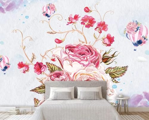 Pink Flowers Hot Air Balloon 3D Wallpaper Office Living Room Sofa Bedroom TV Background Wall Decoration-200cm×140cm