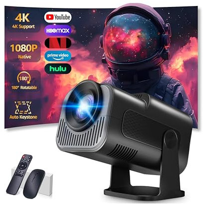 Mini Projector 4K, 1080P Full HD Projector Video Portable Projector Support with WiFi 6 & Bluetooth 5.2, Auto Keystone Adjustment Built-in Apps Smart with 180° Rotation for USB/TV Stick/HDMI