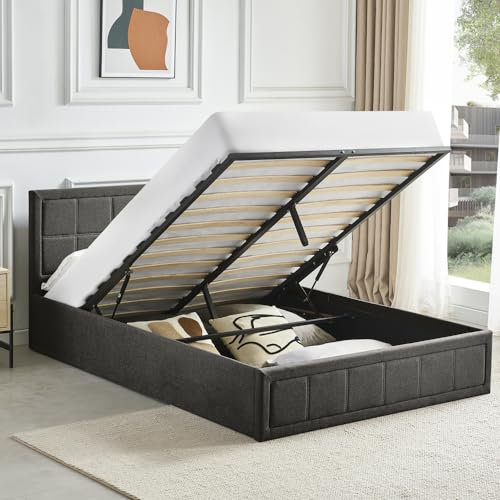 Generic Super King 6ft Ottoman Bed Frame with Storage, Dark Grey Linen Fabric, Gas Lift End Opening, Wooden Slats, No Mattress