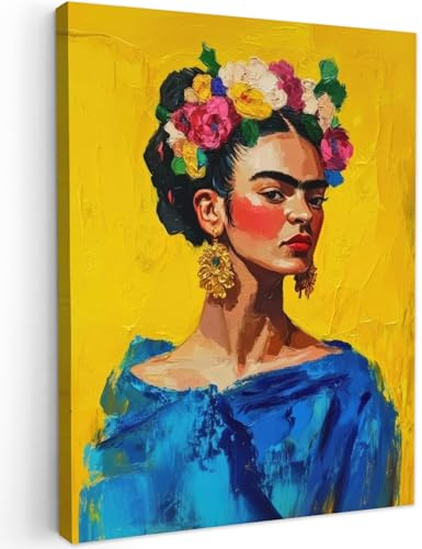 MuchoWow© Wandbilder Schlafzimmer Home Deko Wohnung Bild Wohnzimmer | 30x40 cm - Fotoleinwand Wand Bilder Leinwand Wall Decor Frida Kahlo - Frau - Gelb - Blau - Blumen