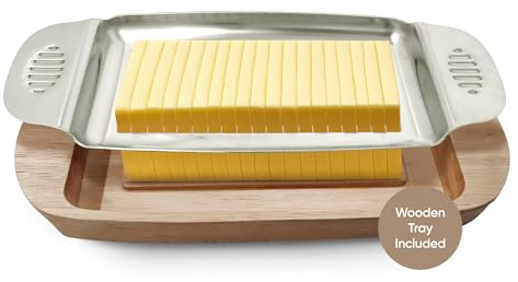 Namre Wire Butter Slicer Cutter with Wooden Tray, Stainless Steel