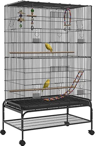 PawHut Vogelkäfig Vogelvoliere mit Sitzstangen, Rollen, Bodenwanne, Metall Vogelhaus mit Türen, Vogelspielzeug, Vogelbauer Wellensittichkäfig Käfig für Vögel, 97 x 58 x 160 cm
