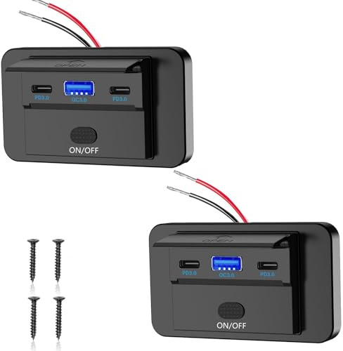 Intckwan Prise USB 12V, 90W - Chargeur 3 Ports à Chargement Simultané Rapide (QC3.0 + 2xPD) avec Interrupteur on/Off - pour Auto, Camion, Bateau, Camping-Car 12-24V (Lot de 2)