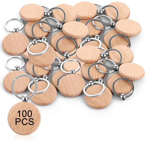 LDXDRU Lot de 100 porte-clés ronds en bois vierges de 4 cm pour bricolage, artisanat, décoration, cadeaux