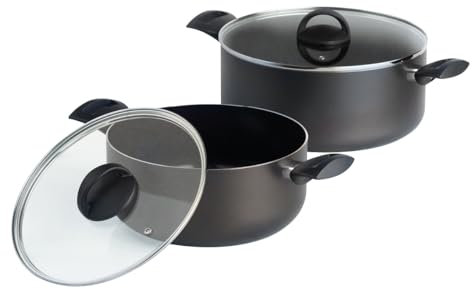 QDESIGN BLACK+ 2er-Set PFOA-freie, antihaftbeschichtete Aluminium-Kasserollen + 2 Glasdeckel – für alle Herdarten inkl. Induktion – Ofen-, spülmaschinen- und kühlschrankgeeignet – Schwarz, Ø 24/28 cm